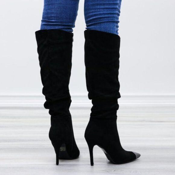 Pointy Toe Below The Knee Black Boots Faux Suede - Picture 9 of 16